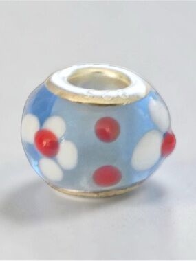 Sterling Blue Glass Flower Bead Charm - Red & White Accent